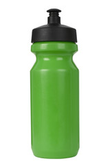 A green sports water bottle isolated on a white background