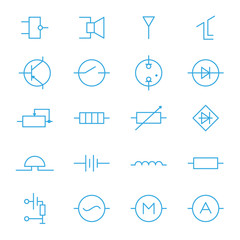 Electronic components blue line icons