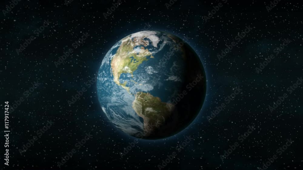 Wall mural realistic earth spinning around its axis, with stars in the background. seamlessly loopable animatio