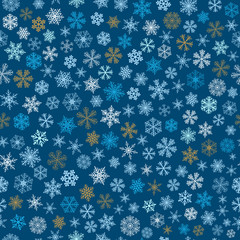 Seamless pattern of snowflakes, light blue, brown and white on blue