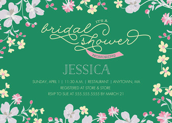 Bridal Shower Invitation Template with Green Background and Pink and Yellow Abstract Flowers - Vector
