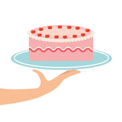hand holding a tray of Strawberry cake