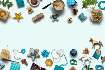 Christmas collection, gifts and blue decorative ornaments . phot