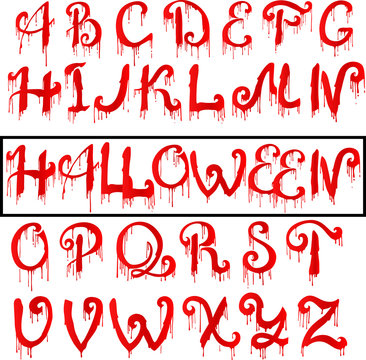Red Blood text. Halloween horror letters, vector illustration