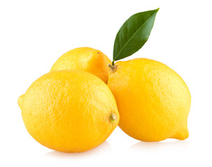 three ripe lemons isolated on white background