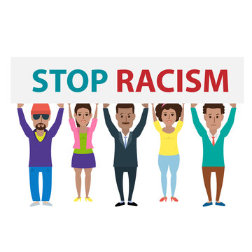 group of african american people holding banner stop racism isolated on white background
