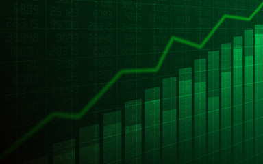 Abstract Business chart with uptrend line graph, bar chart and stock numbers in bull market on dark green background (vector)
