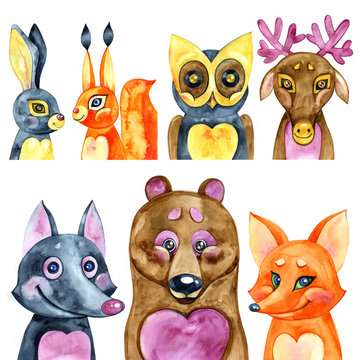 Set of cute forest animals. Watercolor illustration.