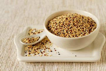 Mix of red, black and white quinoa seeds in a bowl
