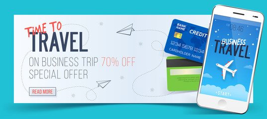 Special offer on business Travel. Business trip banner. Smartphone and credit cards. Air travel concept. Business travel illustration. 70% off.