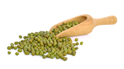  Mung beans on wooden spoon isolated on white