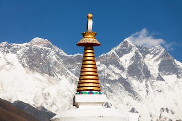 Stupa Lhotse and top of Everest from Tengboche monastery