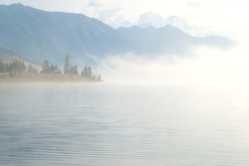 Heavy fog in the early morning on a mountain lake
Early morning on Yazevoe lake in Altai...
