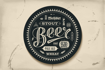 Coaster for beer with hand drawn lettering. Monochrome vintage drawing for bar, pub and beer themes. Black circle for placing a beer mug or a beer bottle over it with lettering for beer theme. Vector