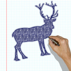 Reindeer drawn with a pen. Hand painting deer in a school notebook