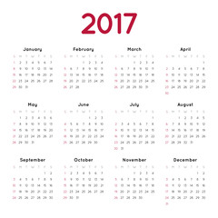 Vector calendar for 2017 on white background. Week starts from sunday. Simple design template. Minimalism Style