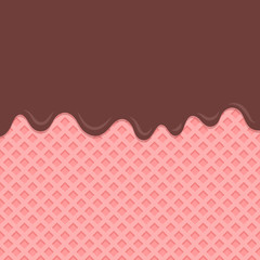 Strawberry wafer background with flowing chocolate.