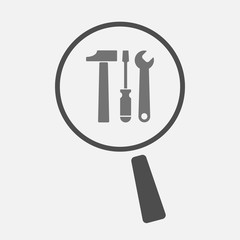 Isolated magnifier icon with a tool set