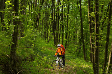 Naklejka premium Biker in orange jersey on the forest road