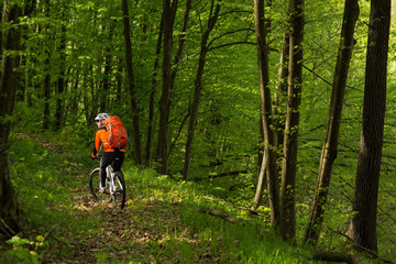 Biker in orange jersey on the forest road