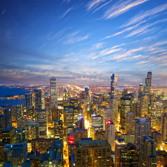 Chicago at dusk, aerial view, United States
