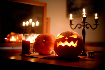 Group of spooky Halloween jack-o-lanterns