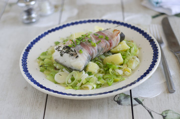 Haddock with bacon and leeks