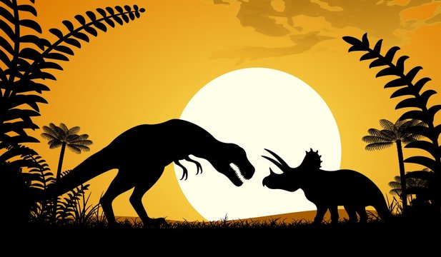Silhouettes of dinosaurs. Tyrannosaurus and Triceratops on sunset background.