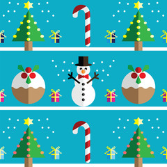 Christmas Seamless pattern with geometrical Snowman with scarf and christmas puddings , gifts with ribbon, snow, sweets,  xmas trees with  pink lights and star element in 2 shades on  blue 
