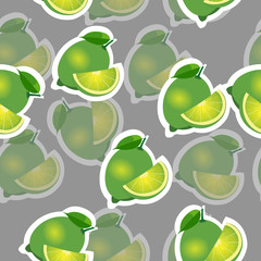 Pattern. lime and leaves and slises same sizes on gray background. Transparency lime.