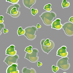 Pattern. lime and leaves different sizes on gray background. Transparency lime.