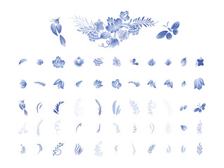 Set of blue flowers and bird