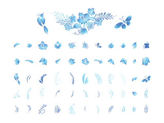 Set of blue flowers and bird
