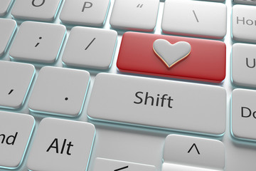 3d illustration a red button "Heart" on white keyboard