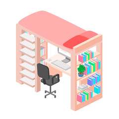 Isometric workplace for child. child Room. Loft bed with table chair and books. Flat 3D illustration.