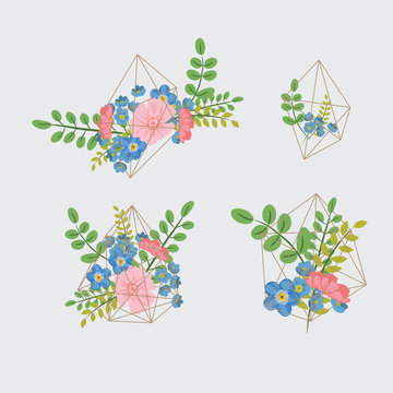 Creative card with geometric contour crystal and a bouquet of flowers
