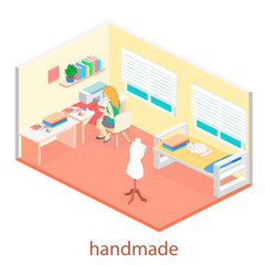 woman sews on the sewing machine. Isometric room interior.