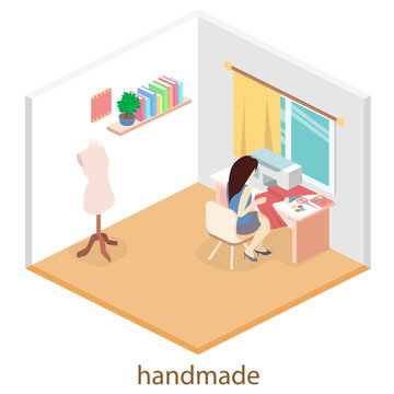 woman sews on the sewing machine. Isometric room interior.