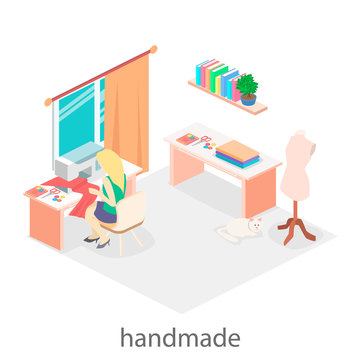 woman sews on the sewing machine. Isometric room interior.