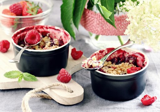 Berry crumble. Clean-eating gluten free dessert . Superfoods concept.