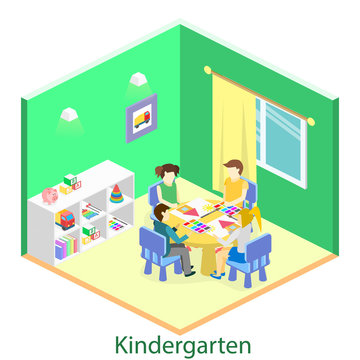 Isometric interior of room in the kindergarten.