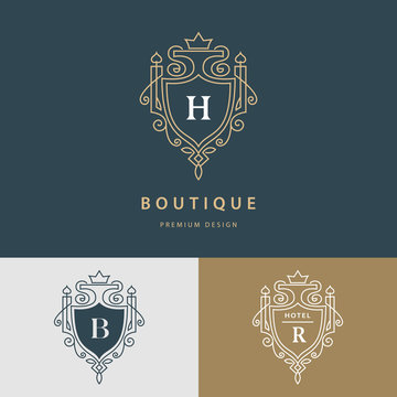 Line graphics monogram. Royal art logo design. Letter H, B, R. Graceful template. Business sign, identity for Restaurant, Royalty, Boutique, Cafe, Hotel, Heraldic, Jewelry, Fashion. Vector elements