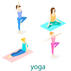 Cartoon girl in Yoga poses with titles for beginners isolated on white background.