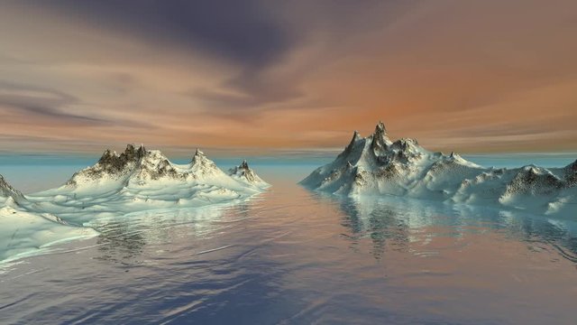 Antarctica animation, a polar landscape, clear waters, blue horizon and orange sky.