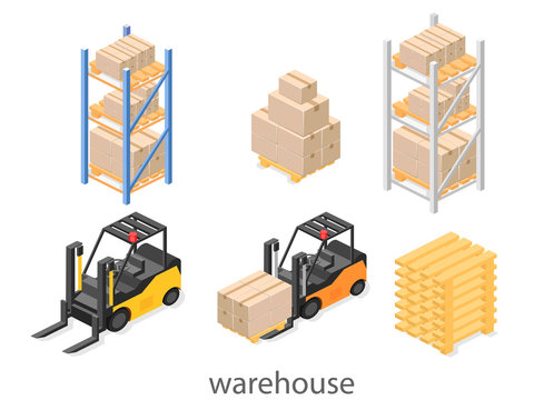 isometric interior of warehouse. The boxes are on the shelves