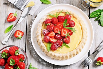 Strawberry tart with lemon cream and mint .Selective focus 