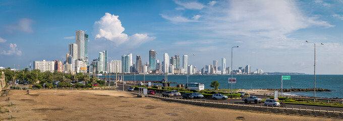 Panoramic view of modern Bocagrande neighborhood skyline - Cartagena de Indias, Colombia - obrazy, fototapety, plakaty