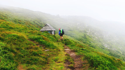 Fototapeta premium Tourist goes along mountain trail to the small wooden house on hill of ridge in mist, Carpathians, Ukraine.