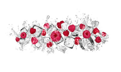 Raspberries in water splash on white background