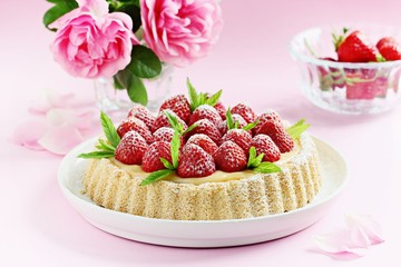 Strawberry tart with lemon cream and mint .Selective focus 